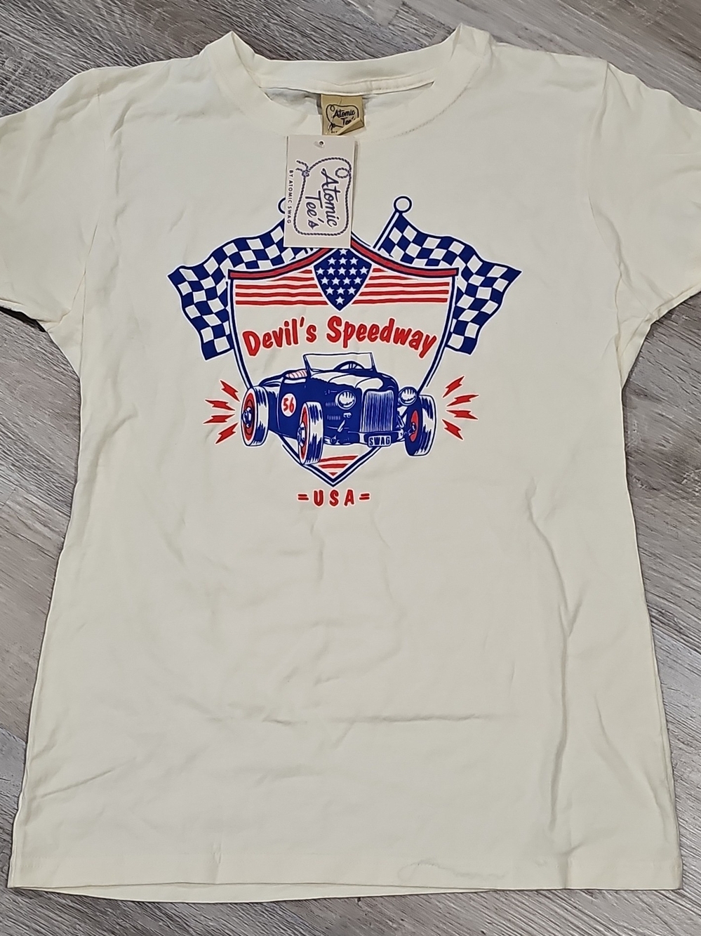 Atomic Tee Women's Cream 'Devil's Speedway' Graphic Short Sleeve Tee L